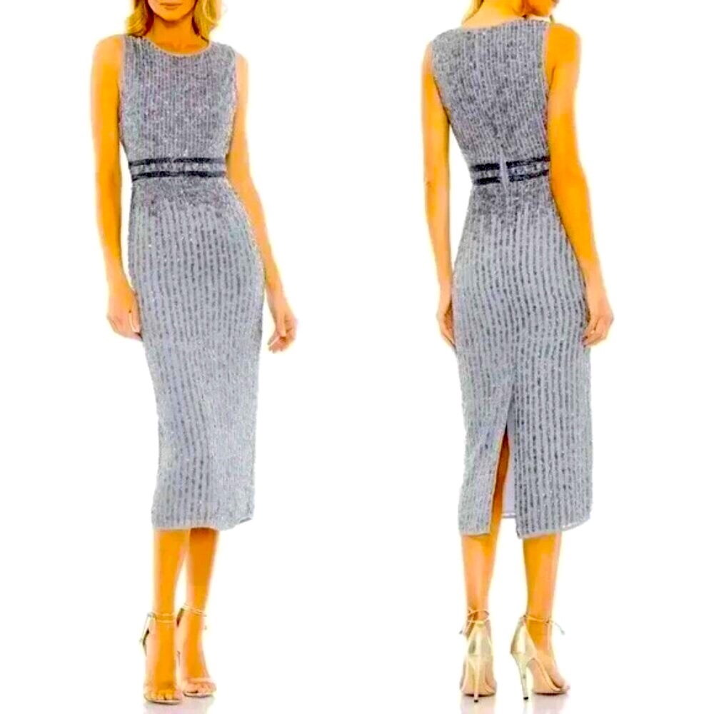 NWT MAC DUGGAL A10509 Platinum Sequin Midi Sheath Dress Sleeveless 4 MSRP $298